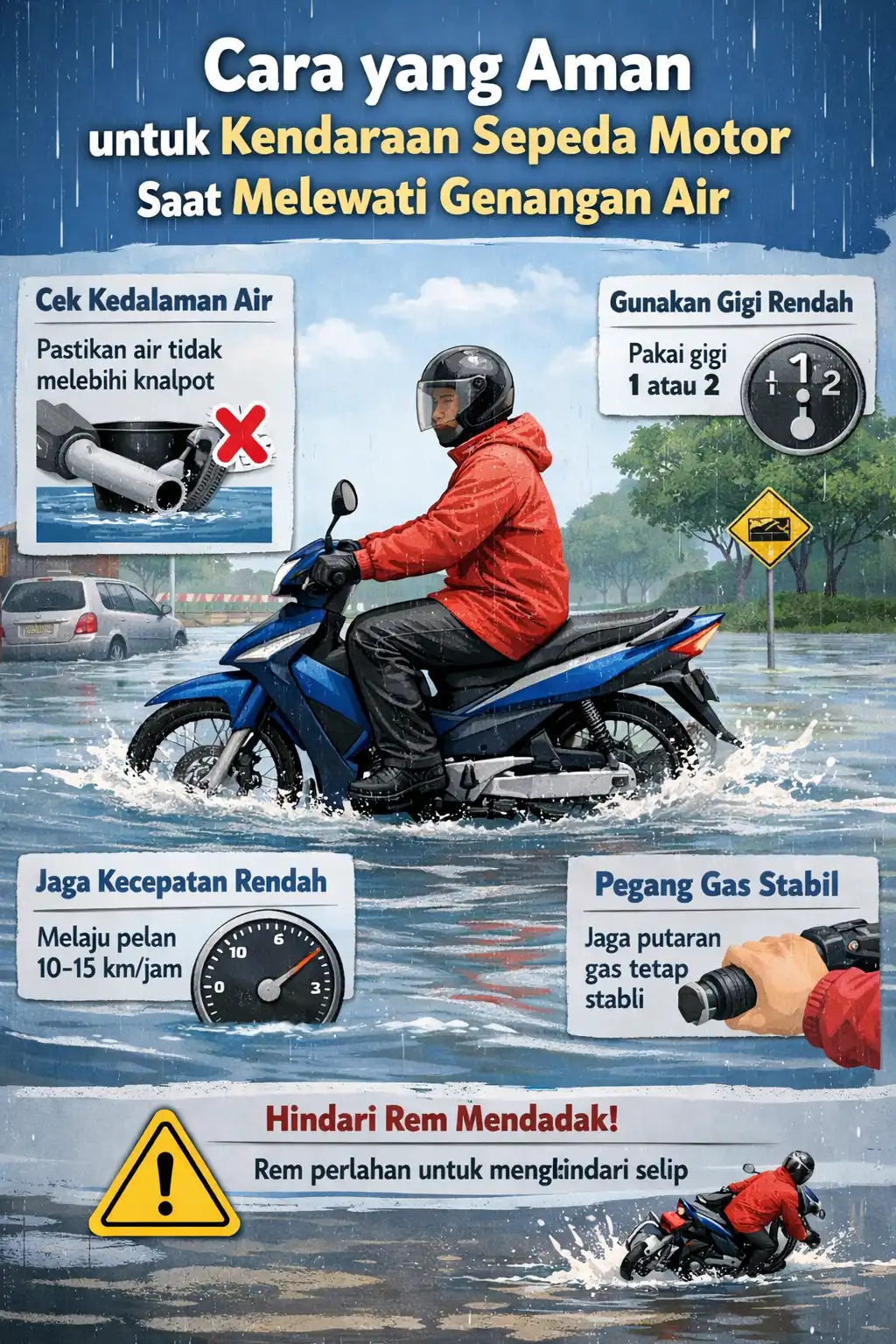 Read more about the article Cara Yang Aman Untuk Kendaraan Sepeda Motor saat Melewati Genangan Air