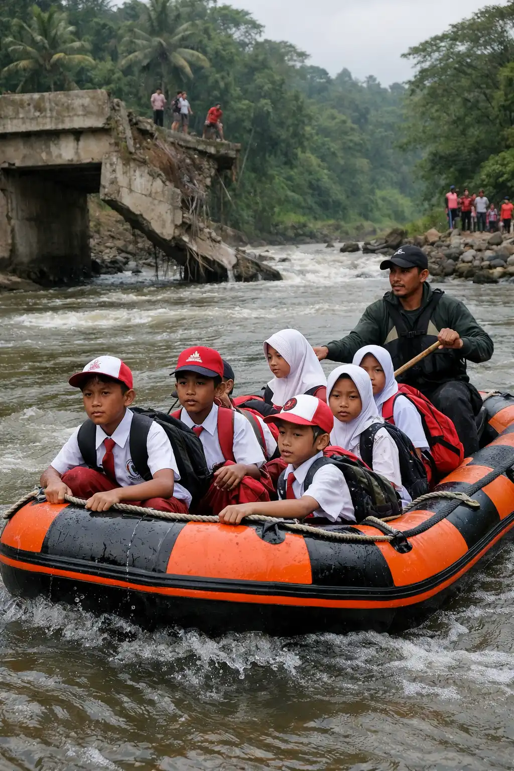 Read more about the article Jembatan Putus, Siswa SD di Sukabumi Berangkat Sekolah Seberangi Sungai Dengan Naik Perahu Karet