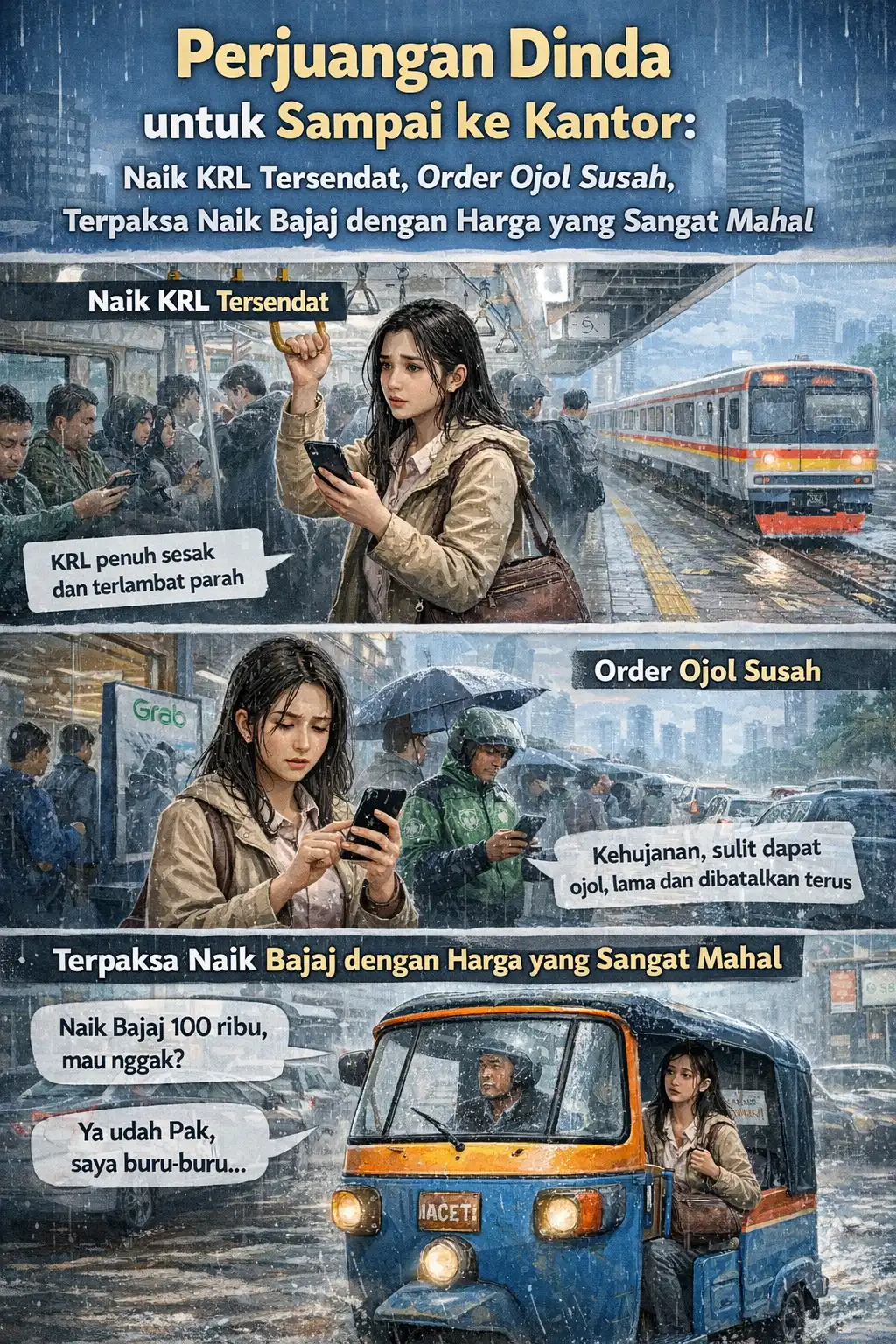 Read more about the article Perjuangan Dinda Untuk Sampai ke Kantor: Naik KRL Tersendat, Order Ojol Susah, Terpaksa Naik Bajaj dengan Harga Yang Sangat Mahal