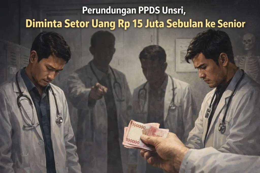 buatkan gambar dari Perundungan PPDS Unsri, Diminta Setor Uang Rp 15 Juta Sebulan ke Senior