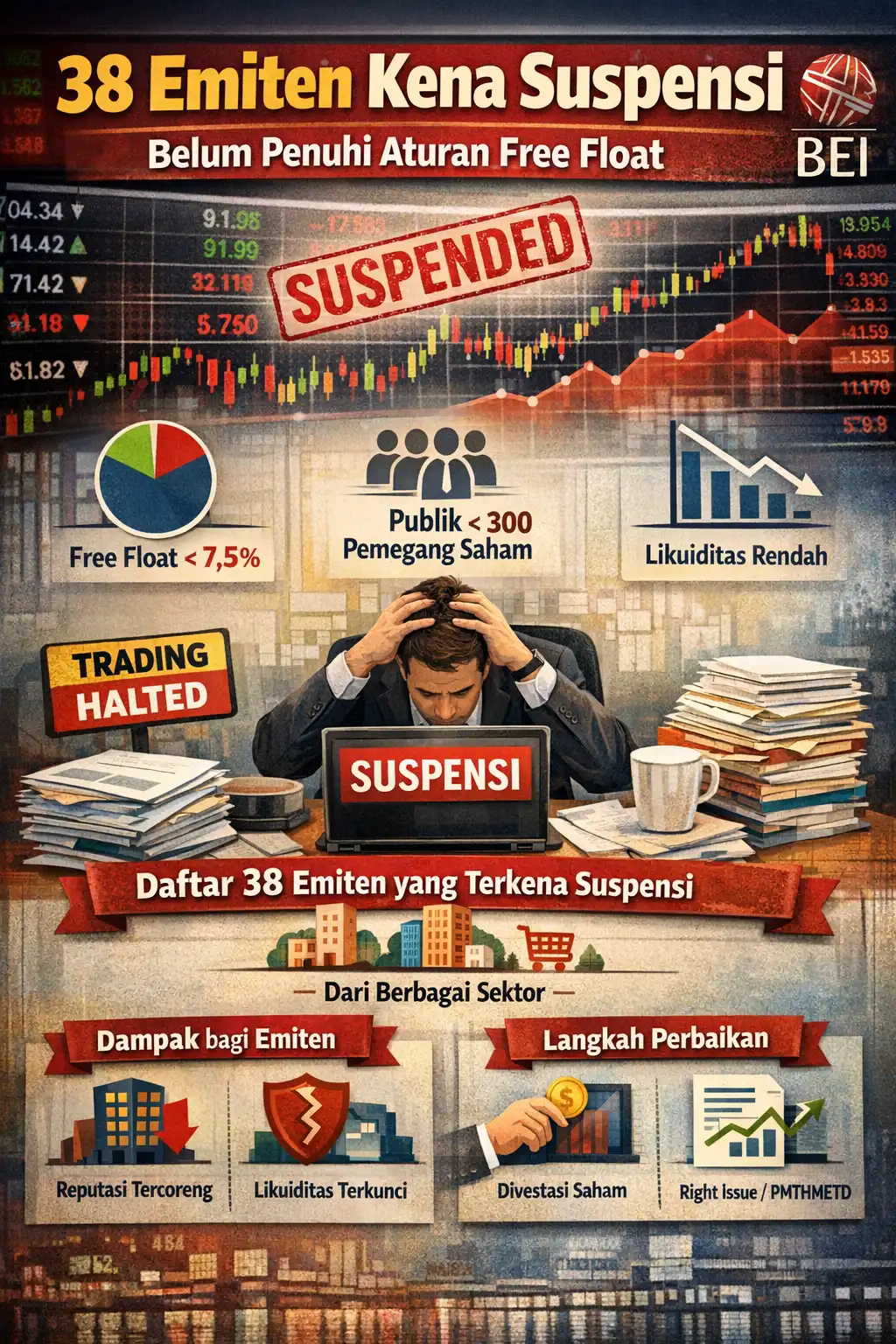 Read more about the article Daftar 38 Emiten yang Kena Suspensi Gara-Gara Belum Penuhi Aturan Dari Free Float